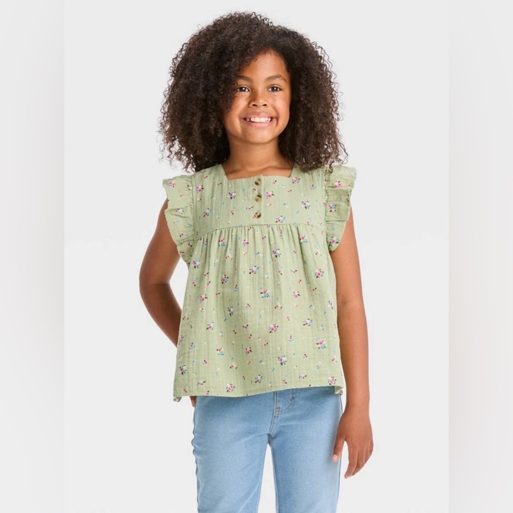 028‎ NWT Cat & Jack Floral Ruffle Cap Sleeve Peasant Top - Size: XS (4/5)
